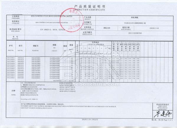 S275JR Steel Plate MTC