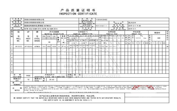 MTC of ASTM A36 Steel Plate