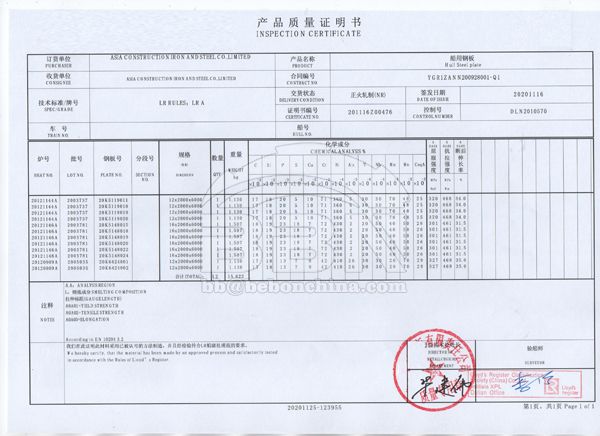 LR A Steel Plate MTC