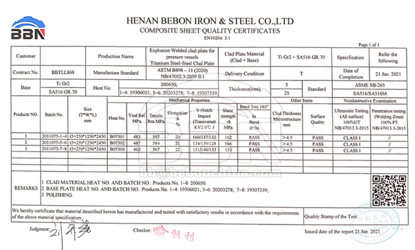 SA516 GR.70+Ti Gr.2 clad plates